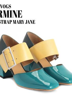 John Fluevog Hermine teal & yellow patent leather wide strap Mary Jane Heels 9